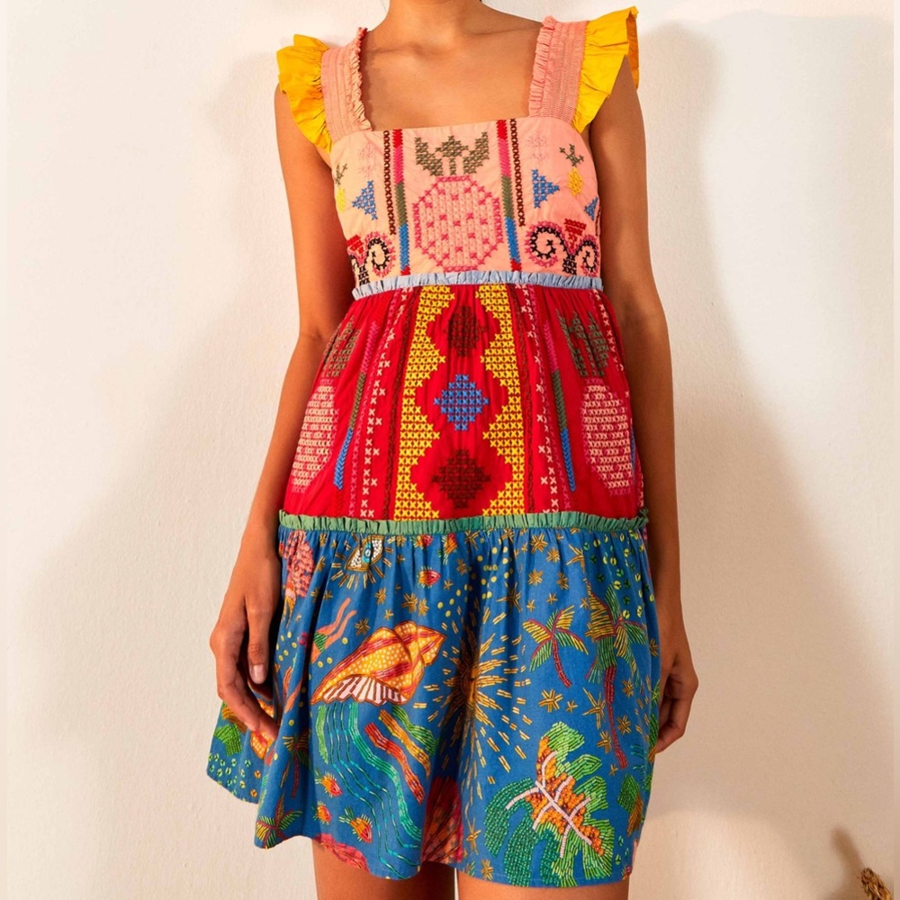 Farm Rio Color Block Embroidered Mini Dress - 100% Cotton - ethnic boho NWOT NEW